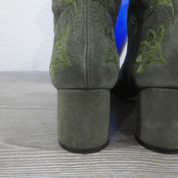 Rachel Zoe Olive Army Green Suede Embroidered Boots Block Heel 7 Boho Paisley - Picture 9 of 16